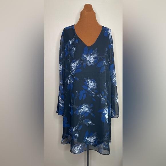 Carmen Marc Valvo Floral Black and Blue Sheer Layer Dress Size XL - Picture 3 of 10